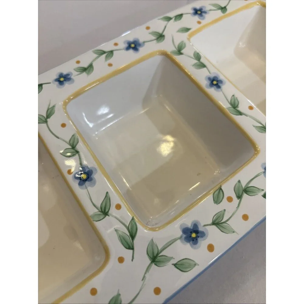 Pfaltzgraff Melissa Relish Dish 3 Part Divided Tidbit Serving Tray Blue Floral